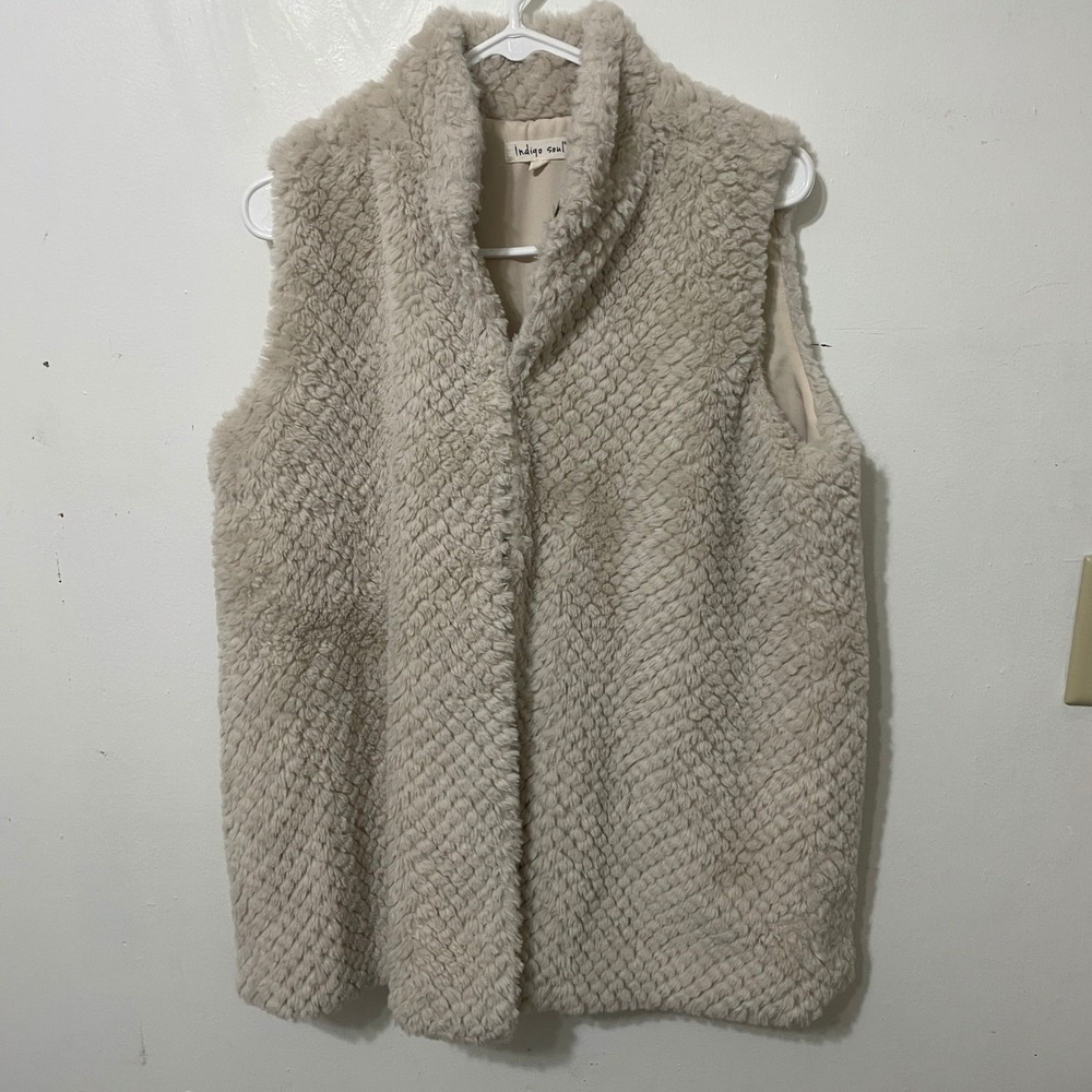 Indigo Soul Fuzzy Faux Fur Vest Cream Textured Open Front Layering Women L